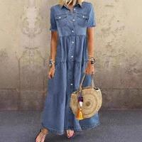 Vestido Denim Suave y Delgado Manga Corta, Estilo Retro con Bolsillos y Botones - details 2