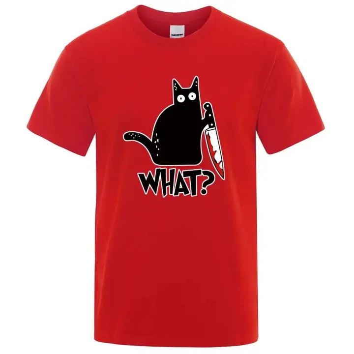 Camiseta con estampado de cuchillo de gato para hombre, camisa holgada, ropa casual, talla grande, cuello redondo, 100% algodón - 1