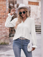 Blusa de gasa de retazos de encaje para mujer, camisa elegante informal de manga larga con cuello en V, trabajo de oficina, moda - details 10