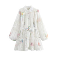 OUWU- Vestido De Mujer De Manga Larga Con Cuello Peter Pan, Detalles De Encaje Con Estampado Floral Y Cinturón Para Un Look Elegante Y Moldeado - details 1