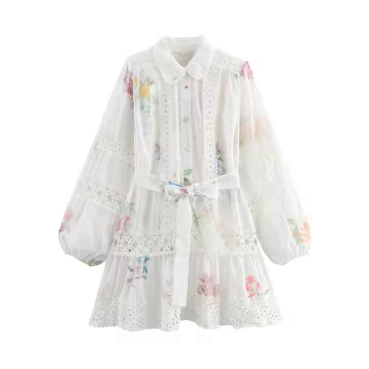 OUWU- Vestido De Mujer De Manga Larga Con Cuello Peter Pan, Detalles De Encaje Con Estampado Floral Y Cinturón Para Un Look Elegante Y Moldeado - 1