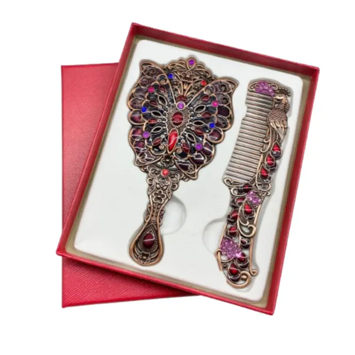 Espejo de maquillaje portátil de pavo real, conjunto de peine, espejo de maquillaje de princesa Vintage de mano, espejo cosmético con mango de Metal en relieve - 1