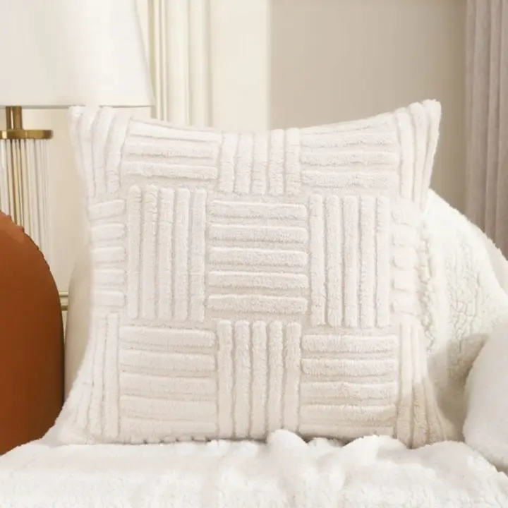 Funda de Cojín de Peluche con Rayas Suaves para Sala de Estar Decorativa para Sofá 30x50 45x45 50x50cm Estilo Moderno Resistente al Desvanecimiento con Cierre de Cremallera - 1