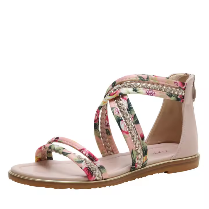 Sandalia sandalias de mujer estilo de hadas planas de verano 2025 nuevos zapatos romanos antideslizantes de tela floral con punta abierta y una sola correa - 1