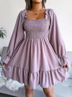 Vestido elegante de manga larga para mujer, falda de cuello cuadrado, de Color sólido vestido de volantes, moda de primavera y otoño - details 19