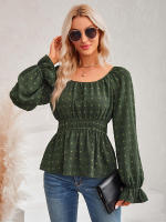 Top informal de manga con volantes para mujer, Top con cuello redondo y cintura, Color liso, otoño e invierno, 2023 - details 11