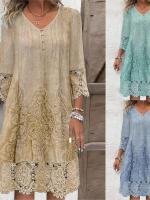 Nuevo vestido hasta la rodilla de cinco mangas informal estampado a la moda con agujeros de Color sólido para primavera y verano para mujer - details 3