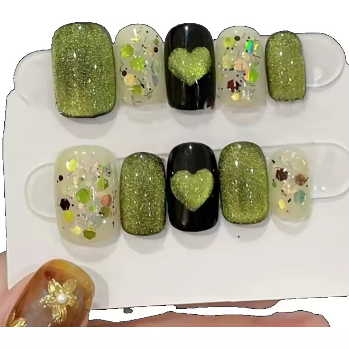 Uñas Postizas Verdes Multicoloras Hechas a Mano 10pcs Estilo Y2K Resina Ideal para Mujeres y Niñas - 1