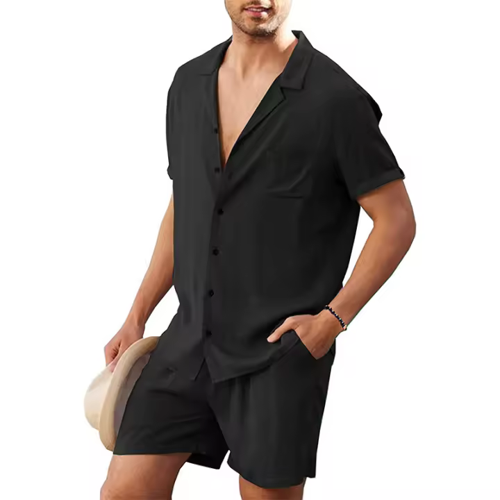 Camisa de Lino de Manga Corta para Hombre Traje de Verano Informal de Algodón y Lino - 1