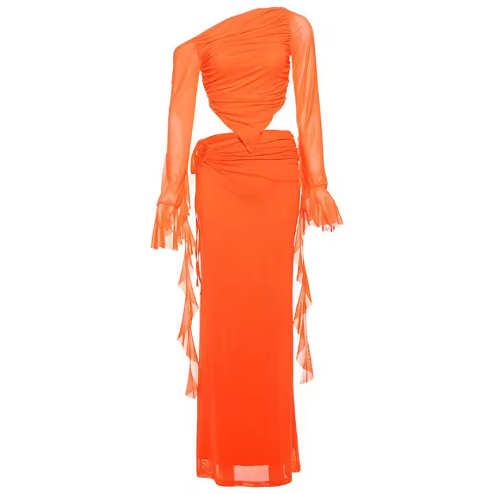 BUNO-Conjunto de 2 piezas de empalme de malla fruncido para mujer, Tops irregulares con espalda descubierta y hombros inclinados únicos + faldas largas con dibujo, trajes de fiesta - 1