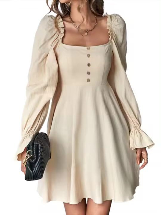 Elegante Vestido Largo de Colores Sólidos Cuello Cuadrado Estilo Coreano Vestido Midi para Mujeres - 1