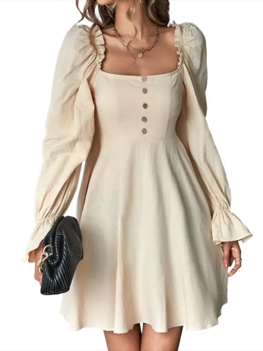 Elegante Vestido Largo de Colores Sólidos Cuello Cuadrado Estilo Coreano Vestido Midi para Mujeres - 1