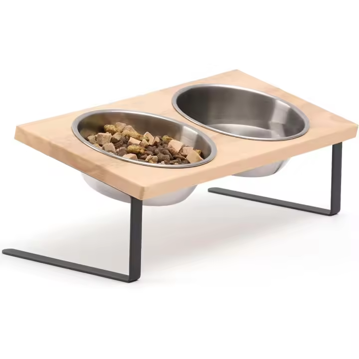 Comedero Gatos Elevado, Cuenco Ajustable de Acero Inoxidable para Gatos y Perros Pequeños, Soporte de Madera de Caucho Natural - 1