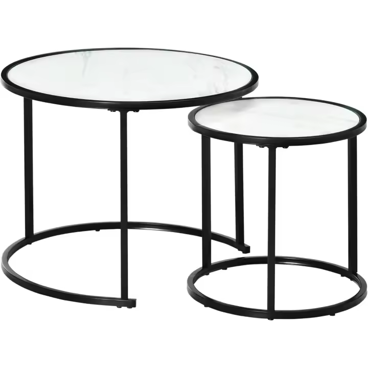 Juego de 2 Mesas Auxiliares Redondas Apilables Mesas Nidos Modernas con Encimera en Efecto de Mármol y Marco de Acero Ø60x46 cm y Ø40x40 cm Blanco - 1