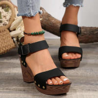 Sandalias de plataforma de tacón alto para Mujer, zapatos de cuero sintético con remaches, zuecos con hebilla en el tobillo, verano, 2024 - details 8