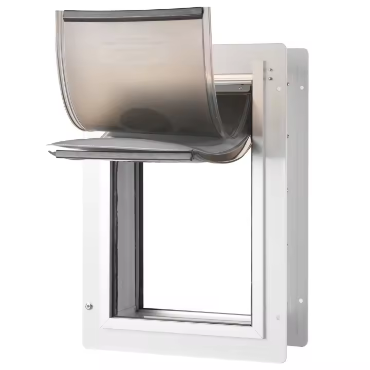 SucceBuy Puerta para mascotas, marco de metal de 9.29" x 13.19" con cerradura, sistema de 3 solapas, puerta para perros resistente a la intemperie, (blanco-pequeño) - 1
