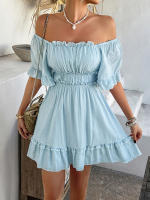 2025 primavera y verano estilo de vacaciones de ocio europeo y americano color sólido borde de hongo vestido de manga corta falda corta para mujer - details 17