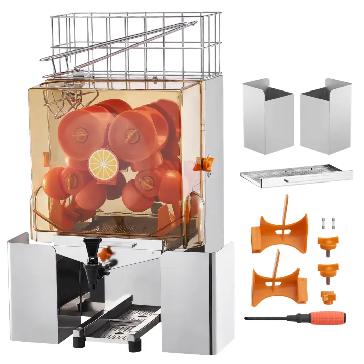 SucceBuy Máquina exprimidora de naranjas comercial, automática de 120 W. Extrae jugo con grifo de agua. Acero inoxidable. Exprime 20 naranjas/minuto. Con caja de filtro extraíble, cubierta para PC y 2 cubos recolectores de cáscaras. - 1