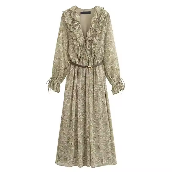 Elegante Vestido A-line Medio con Cinturón Manga Larga, Cuello en V, Cintura Elástica, Estampado de Volantes Moda Primaveral para Mujeres - 1