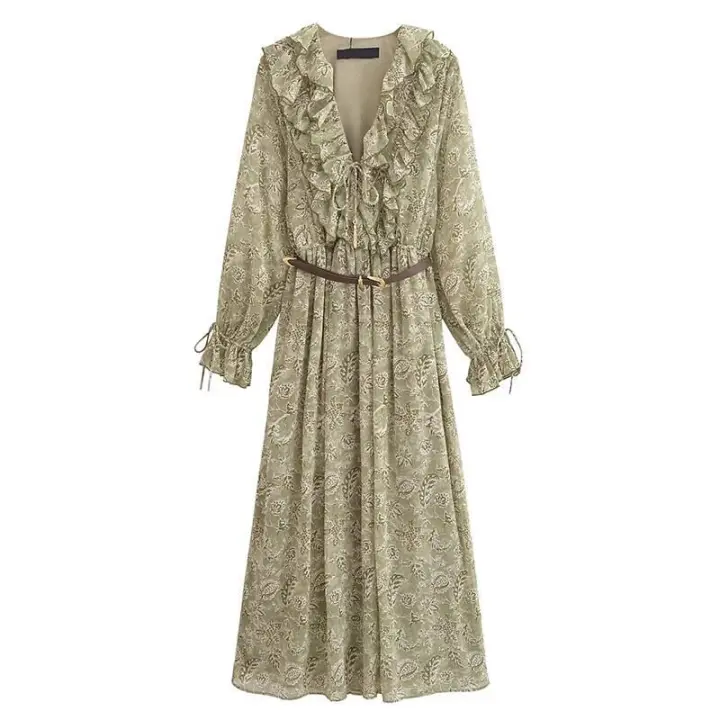 Elegante Vestido A-line Medio con Cinturón Manga Larga, Cuello en V, Cintura Elástica, Estampado de Volantes Moda Primaveral para Mujeres - 1