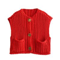 Abrigo de cintura roja Vintage para mujer, chaleco con Bolsillo grande, cárdigan de punto sin mangas, suéter suelto informal - details 7