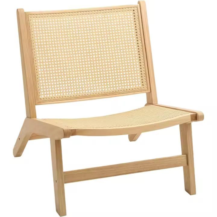 Sillón Nórdico de Salón con Respaldo y Asiento Amplio de Ratán, Marco de Madera, Sillón para Dormitorio, Sala de Estar, Natural - 1