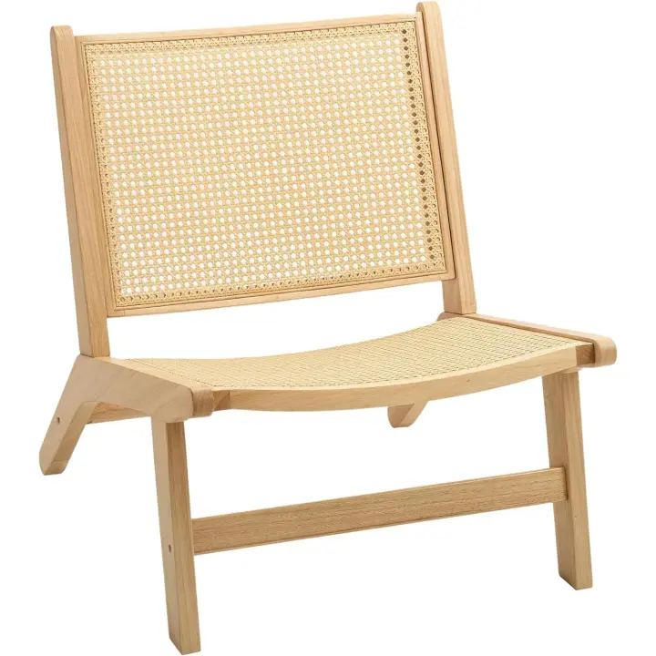 Sillón Nórdico de Salón con Respaldo y Asiento Amplio de Ratán, Marco de Madera, Sillón para Dormitorio, Sala de Estar, Natural - 1