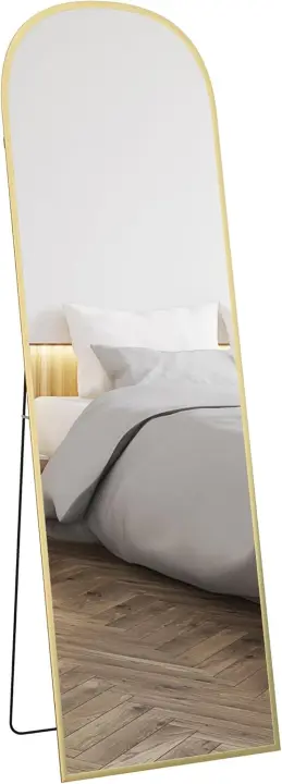 Espejo de cuerpo entero, espejo de pie de 50x170 cm, independiente o de pared con marco de aleación de aluminio y soporte para sala, dormitorio, baño, dorado. - 1