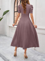 Primavera Verano elegante cintura con cuello en V Color sólido vestido de manga corta moda mujer - details 8