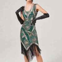 Vintage lentejuelas con cuentas Art Deco Flapper vestidos años 20 gran Gatsby fiesta flecos cuello en V sin mangas bordado vestido Midi - details 7