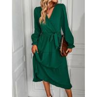 Vestido elegante de color sólido con cuello en V para mujer de manga larga - details 2