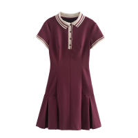 TRAFZA, moda de verano para mujer, vestido acampanado plisado ancho acanalado con contraste, vestido elegante de manga corta con cuello vuelto y botones para mujer - details 6