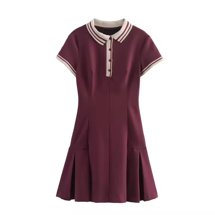 TRAFZA, moda de verano para mujer, vestido acampanado plisado ancho acanalado con contraste, vestido elegante de manga corta con cuello vuelto y botones para mujer - 1