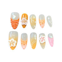 10pcs Uñas Postizas De Estilo Francés Hechas a Mano Con Decoración De Flores Almendradas Y Naranjas Para Verano Uñas Falsas De Resina Para Manicura - details 1
