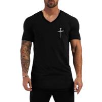 Camiseta de manga corta con cuello en V para hombre, prenda deportiva de algodón, ajustada, transpirable, para correr al aire libre - details 1