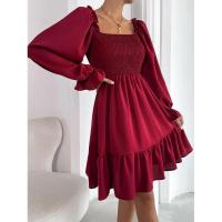 Vestido elegante de moda con cuello cuadrado largo y manga sólida para mujer. - details 8