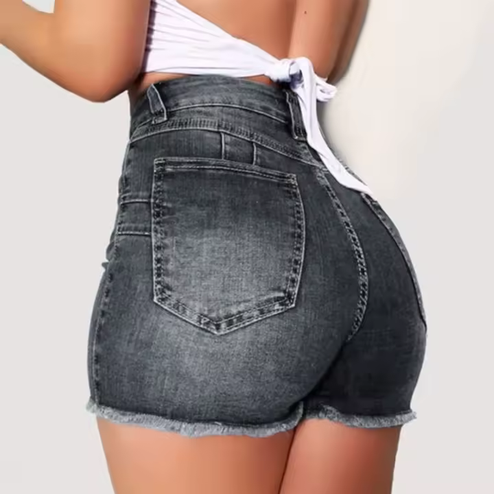 Pantalones cortos de mezclilla de cintura alta de verano para mujer, pantalones cortos ajustados con agujeros rasgados y elásticos - 1