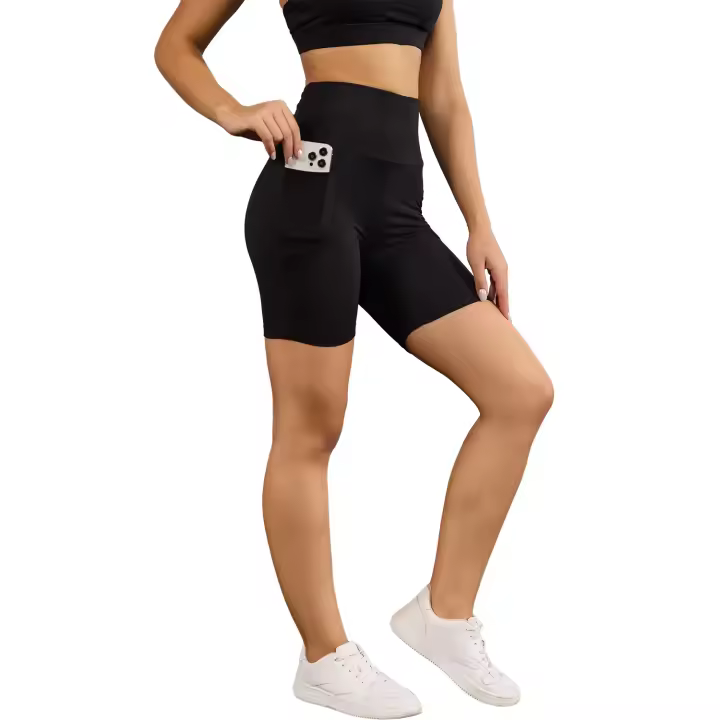 Pantalones cortos de motociclista de cintura alta para mujer con bolsillos súper suaves sin transparencias entrenamiento correr Yoga atlético Push Up gimnasio - 1