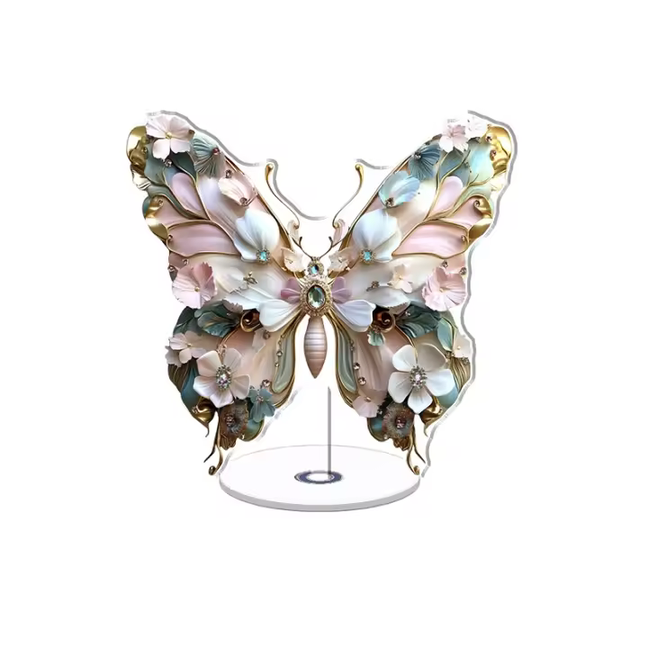 Adorno acrílico giratorio que muestra un intrincado diseño de mariposa, colores vibrantes y detalles elegantes, ideal para decoración del hogar o la oficina. - 1