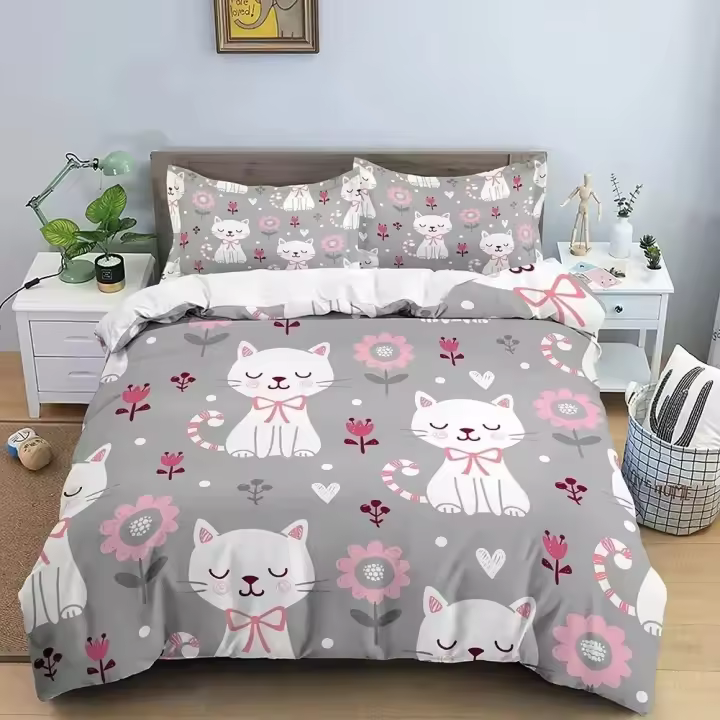 Juego de cama de gato bonito de animales para niños y niñas, funda nórdica de tamaño Queen, funda de almohada, cama para niños, textiles para el hogar a la moda - 1