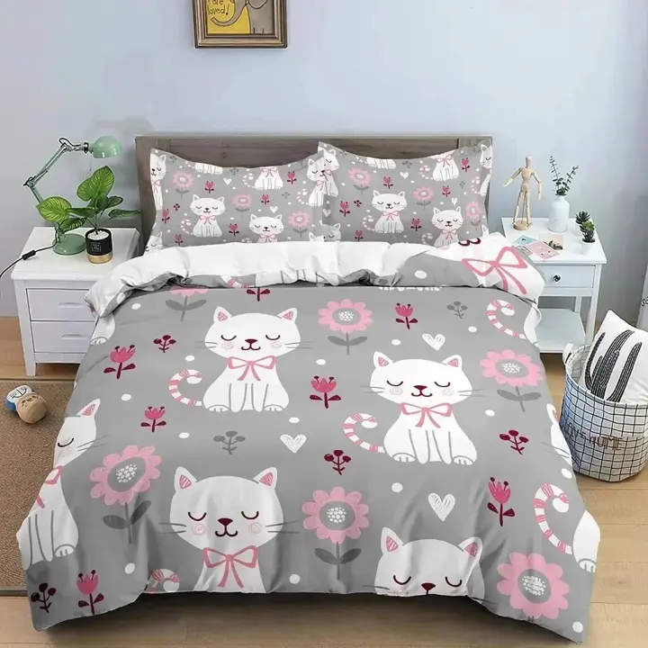 Juego de cama de gato bonito de animales para niños y niñas, funda nórdica de tamaño Queen, funda de almohada, cama para niños, textiles para el hogar a la moda - 1
