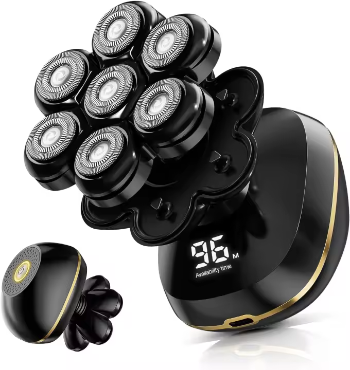 Afeitadora eléctrica de cabeza 6 en 1 para hombres Calvo, Kit de aseo recargable con pantalla LED húmeda/seca, afeitadora rotativa 7D con carga tipo C - 1