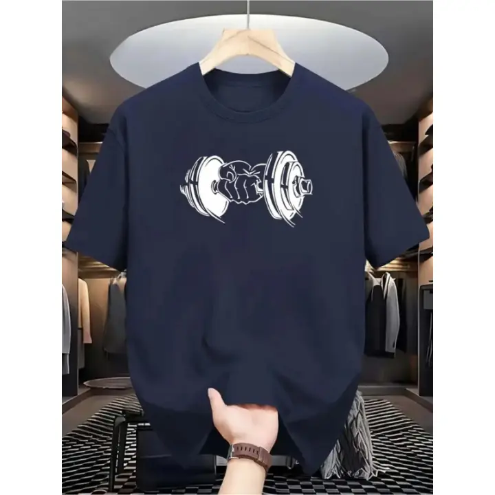 Camiseta Casual para Hombre con Estampado Geométrico de MancuernasTCamiseta - Azul marino de ajuste suelto para fitness y uso casual，Lavable a máquina, esencial para primavera, verano y otoño.，Top de tela duradera y cómodo de estilo deportivo - 1