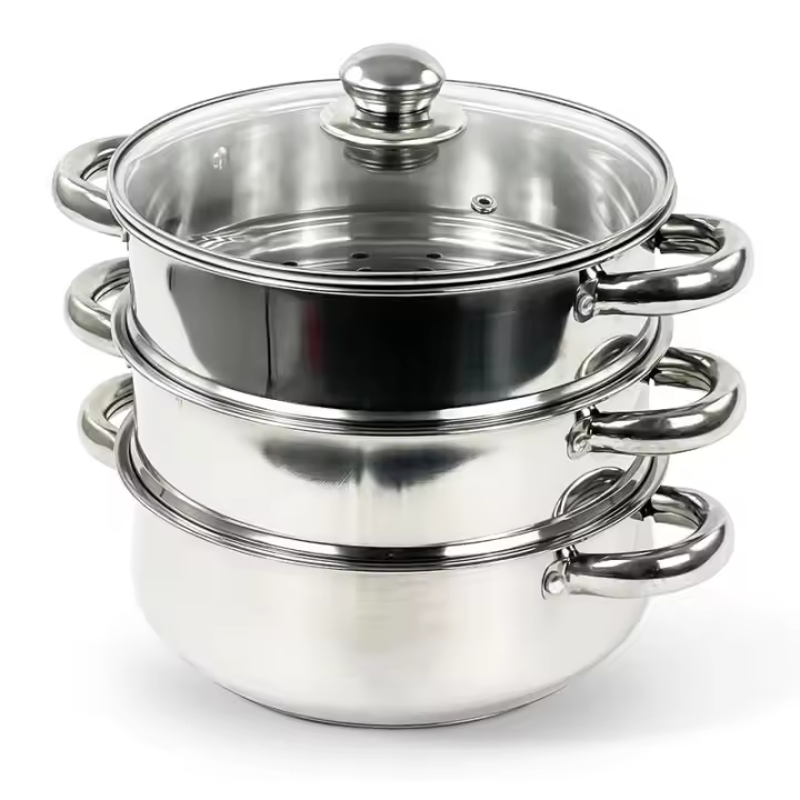 Placa de inducción de 3 niveles, olla a vapor de acero inoxidable, juego de cocina con tapa de vidrio, utensilios de cocina - 1