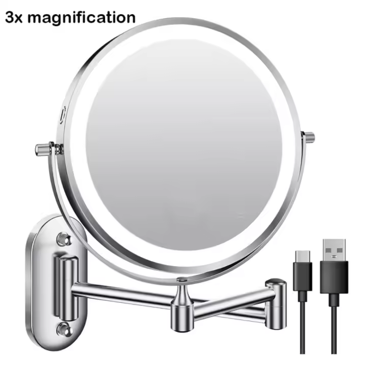 Espejo de maquillaje para baño LED 360 °   Espejo de maquillaje telescópico de doble cara con aumento de espejo de maquillaje montado en la pared plegable giratorio - 1