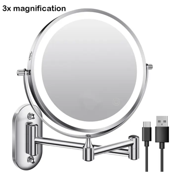 Espejo de maquillaje para baño LED 360 °   Espejo de maquillaje telescópico de doble cara con aumento de espejo de maquillaje montado en la pared plegable giratorio - 1