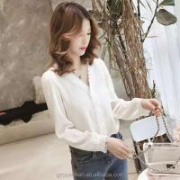 Blusa de encaje con cuello en V para mujer, diseño coreano de otoño, talla grande, manga larga, holgada, Color sólido, Tops con fondo a la moda, camisa informal - details 2