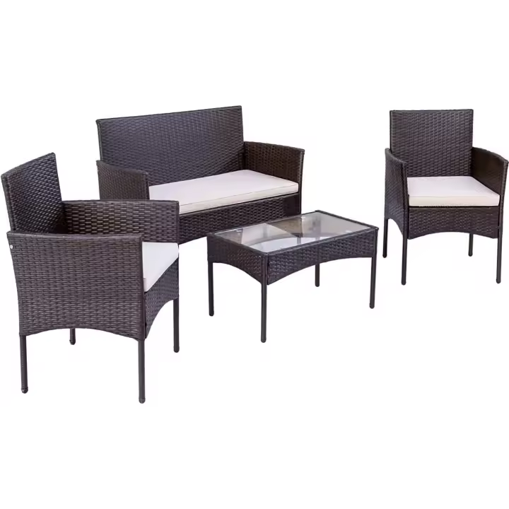 Muebles de Jardín de Ratán, 4 Piezas, Conjuntos de Muebles de Jardín Exterior, 2 Sillones, 1 Sofá, Mesa de Cristal Templado - 1