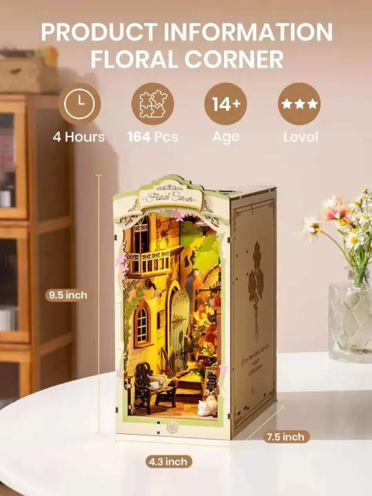 Robotime Rolife Floral Corner Nook 3D juguetes de madera hogar estante de libros decoración DIY casa en miniatura regalos para la familia - 1