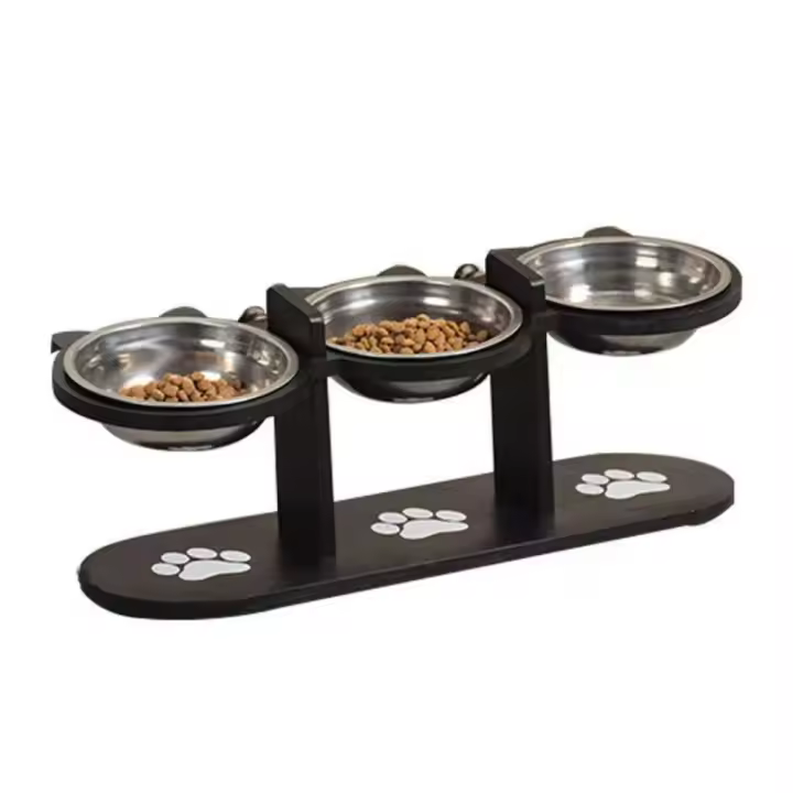 Suministros para mascotas, estante de madera, cuenco elevado para perros y gatos, alimentador de alimentos para mascotas de acero inoxidable 3 en 1, cuenco de agua para mascotas con inclinación de 15 grados, cachorro - 1